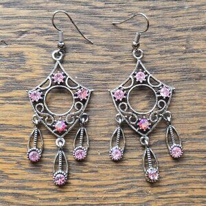 Earrings, silvertone, dangles, pink crystal sparkles.
